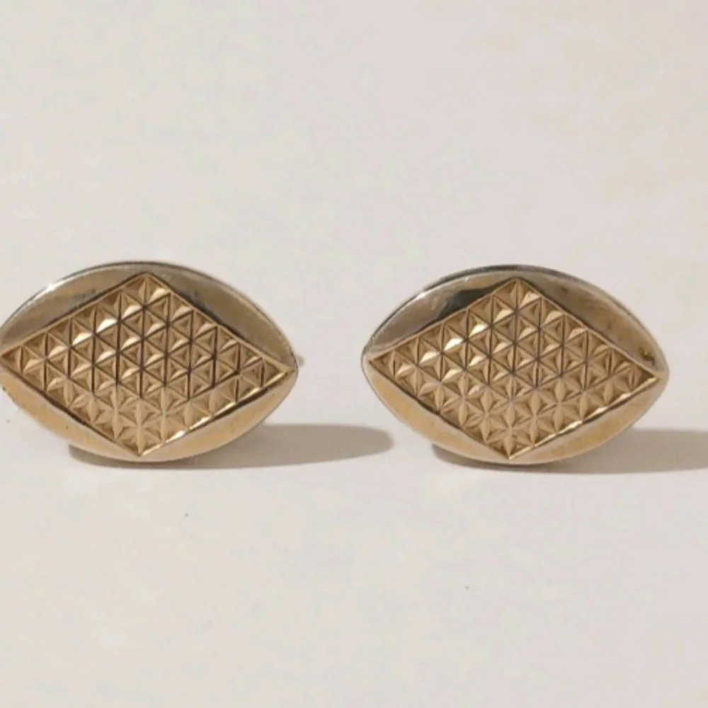 VTG Gold Tone Etched Navette Cufflinks, Atomic Space Age Modernist Diamond-Cut